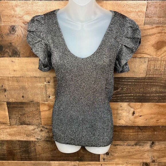INC International Concepts Top Scoop Neck Black Silver Metallic Ruched Sleeves L - Picture 12 of 12
